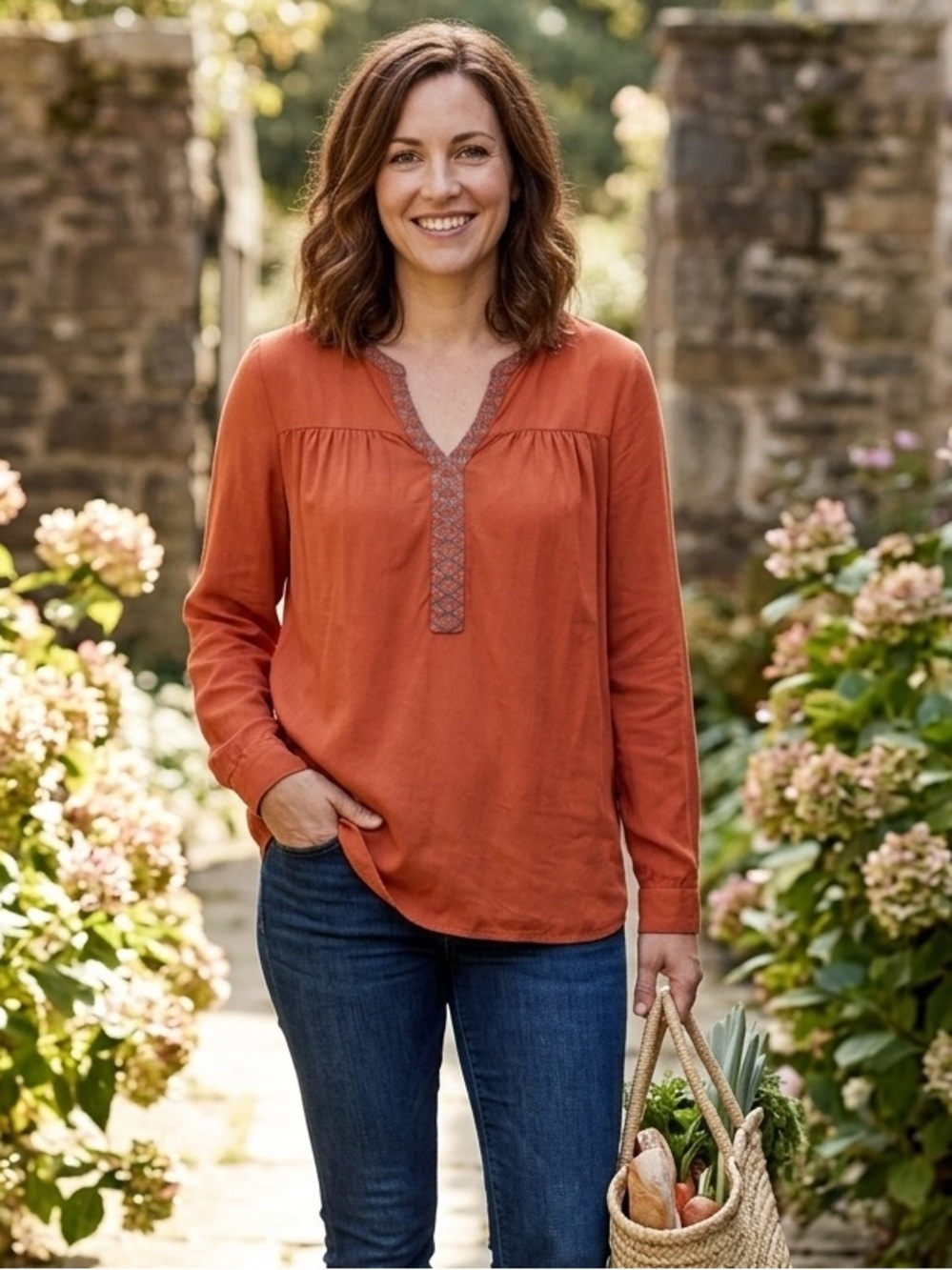 Spense |  Orange Embroidered Long Sleeve Tunic | Sz L